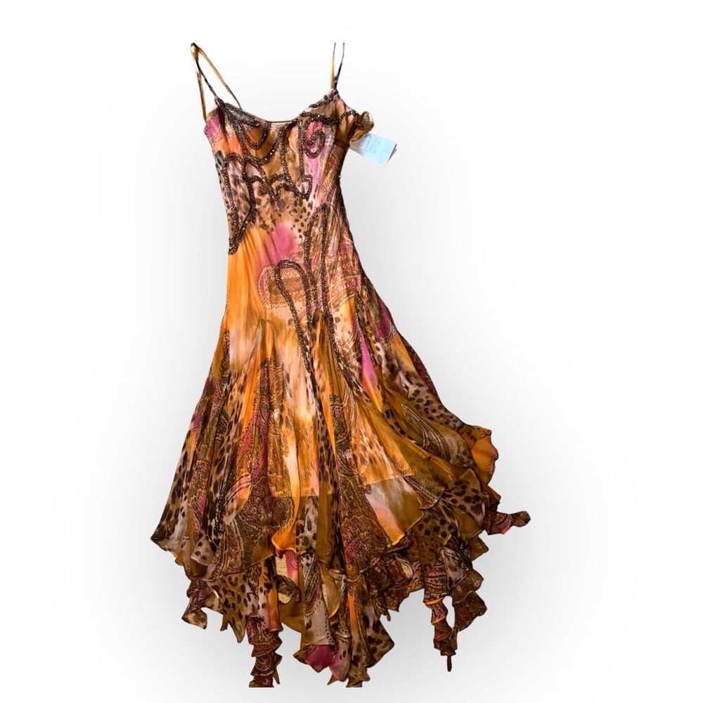 NWT vintage y2k 100% silk beaded flowy mermaid dress